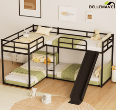 Bellemave® L - Shaped Bunk Bed, Metal Low Profile Bunkbeds with Full - Length Guardrail, Slide and Ladder, No Boxing Spring Needed, Black - Bellemave