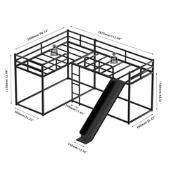 Bellemave® L - Shaped Bunk Bed, Metal Low Profile Bunkbeds with Full - Length Guardrail, Slide and Ladder, No Boxing Spring Needed, Black - Bellemave