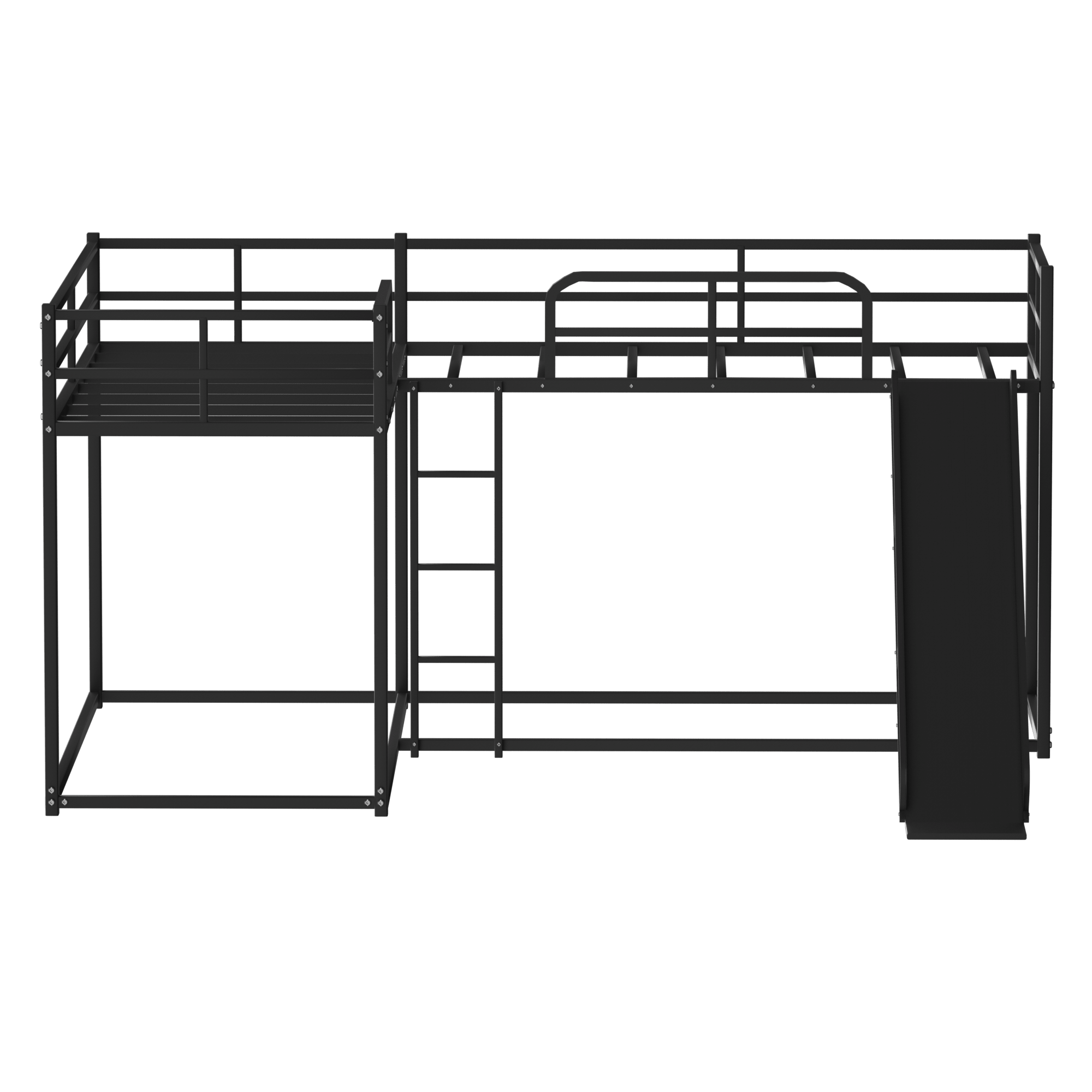 Bellemave® L - Shaped Bunk Bed, Metal Low Profile Bunkbeds with Full - Length Guardrail, Slide and Ladder, No Boxing Spring Needed, Black - Bellemave