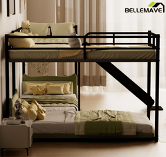 Bellemave® L - Shaped Bunk Bed, Metal Low Profile Bunkbeds with Full - Length Guardrail, Slide and Ladder, No Boxing Spring Needed, Black - Bellemave
