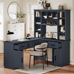 Bellemave® L - Shaped Computer Desk with 2 Cabinets and 2 Drawers, 11 Open Shelves and 1 Right Flip Shelf with Storage, with Power Outlet - Bellemave