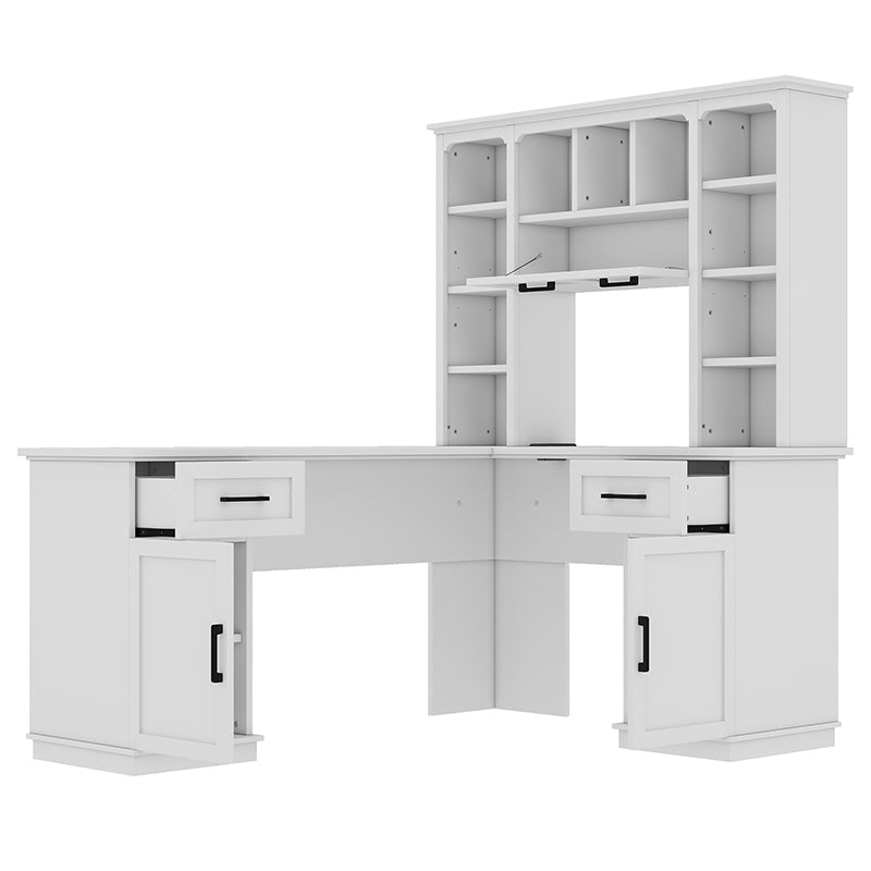 Bellemave® L - Shaped Computer Desk with 2 Cabinets and 2 Drawers, 11 Open Shelves and 1 Right Flip Shelf with Storage, with Power Outlet - Bellemave