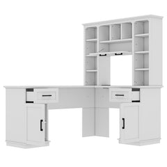Bellemave® L - Shaped Computer Desk with 2 Cabinets and 2 Drawers, 11 Open Shelves and 1 Right Flip Shelf with Storage, with Power Outlet - Bellemave