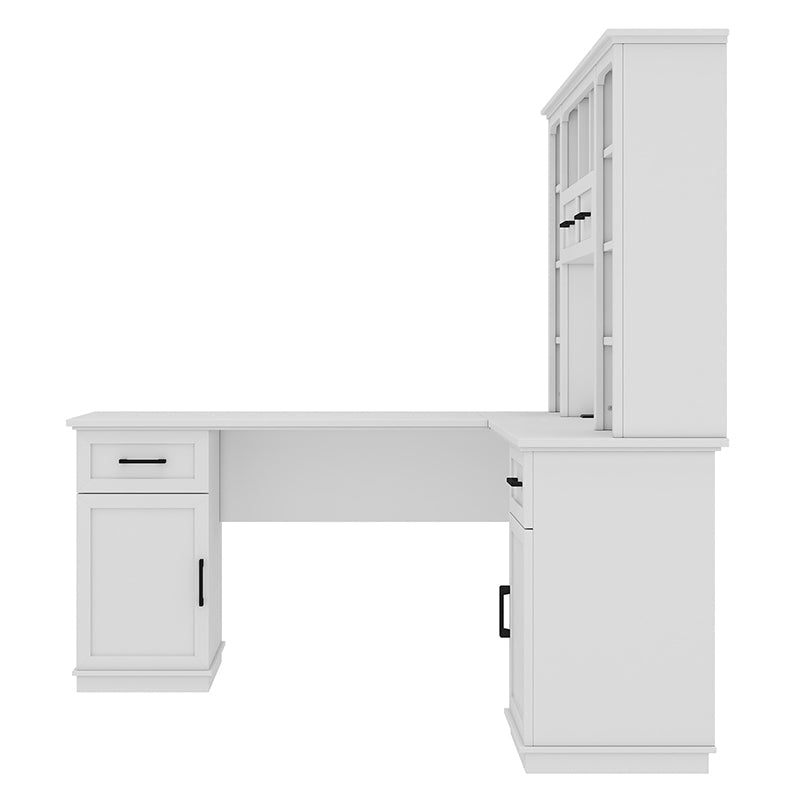 Bellemave® L - Shaped Computer Desk with 2 Cabinets and 2 Drawers, 11 Open Shelves and 1 Right Flip Shelf with Storage, with Power Outlet - Bellemave