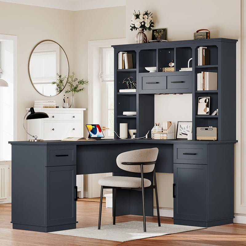 Bellemave® L - Shaped Computer Desk with 2 Cabinets and 2 Drawers, 11 Open Shelves and 1 Right Flip Shelf with Storage, with Power Outlet - Bellemave