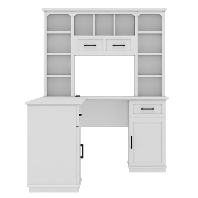 Bellemave® L - Shaped Computer Desk with 2 Cabinets and 2 Drawers, 11 Open Shelves and 1 Right Flip Shelf with Storage, with Power Outlet - Bellemave