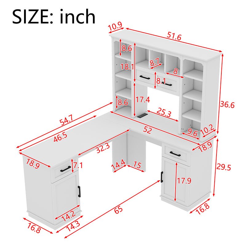 Bellemave® L - Shaped Computer Desk with 2 Cabinets and 2 Drawers, 11 Open Shelves and 1 Right Flip Shelf with Storage, with Power Outlet - Bellemave