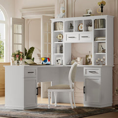 Bellemave® L - Shaped Computer Desk with 2 Cabinets and 2 Drawers, 11 Open Shelves and 1 Right Flip Shelf with Storage, with Power Outlet - Bellemave