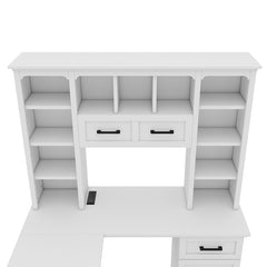 Bellemave® L - Shaped Computer Desk with 2 Cabinets and 2 Drawers, 11 Open Shelves and 1 Right Flip Shelf with Storage, with Power Outlet - Bellemave