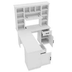 Bellemave® L - Shaped Computer Desk with 2 Cabinets and 2 Drawers, 11 Open Shelves and 1 Right Flip Shelf with Storage, with Power Outlet - Bellemave