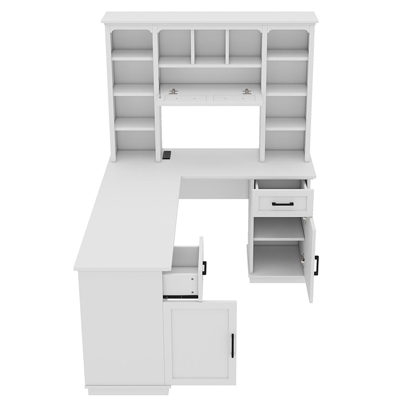 Bellemave® L - Shaped Computer Desk with 2 Cabinets and 2 Drawers, 11 Open Shelves and 1 Right Flip Shelf with Storage, with Power Outlet - Bellemave