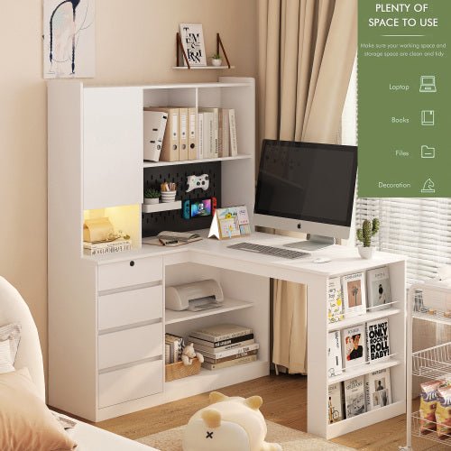 Bellemave® L - Shaped Computer Desk with Drawers, Bookshelf and Hutch, LED Light and Charger - Bellemave