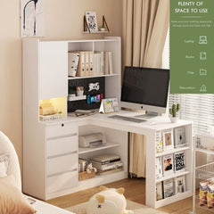 Bellemave® L - Shaped Computer Desk with Drawers, Bookshelf and Hutch, LED Light and Charger - Bellemave