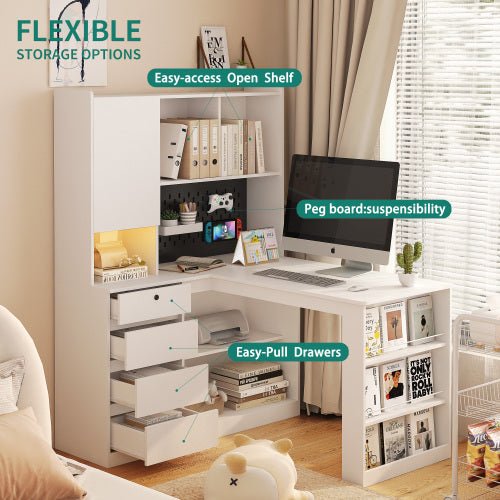 Bellemave® L - Shaped Computer Desk with Drawers, Bookshelf and Hutch, LED Light and Charger - Bellemave