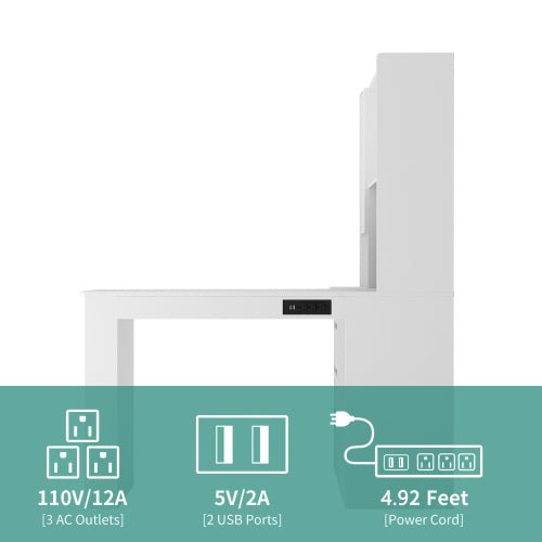 Bellemave® L - Shaped Computer Desk with Drawers, Bookshelf and Hutch, LED Light and Charger - Bellemave