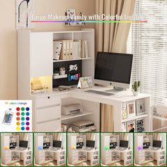 Bellemave® L - Shaped Computer Desk with Drawers, Bookshelf and Hutch, LED Light and Charger - Bellemave