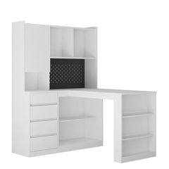 Bellemave® L - Shaped Computer Desk with Drawers, Bookshelf and Hutch, LED Light and Charger - Bellemave