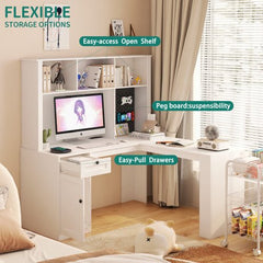 Bellemave® L - Shaped Computer Desk with Outlet, Drawers, Bookshelf, Hutch - Bellemave