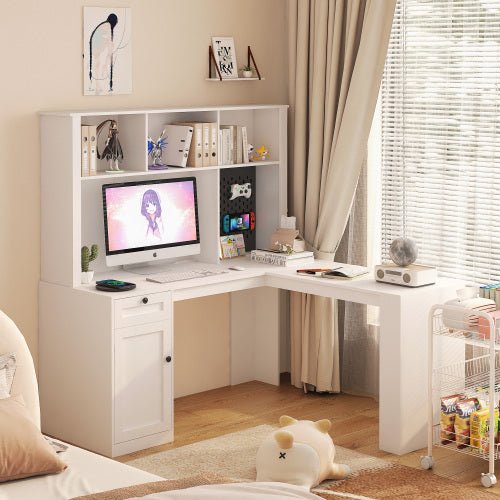 Bellemave® L - Shaped Computer Desk with Outlet, Drawers, Bookshelf, Hutch - Bellemave