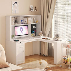 Bellemave® L - Shaped Computer Desk with Outlet, Drawers, Bookshelf, Hutch - Bellemave