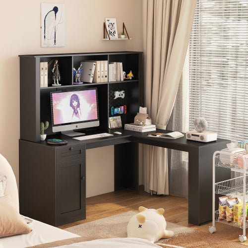 Bellemave® L - Shaped Computer Desk with Outlet, Drawers, Bookshelf, Hutch - Bellemave