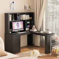 Bellemave® L - Shaped Computer Desk with Outlet, Drawers, Bookshelf, Hutch - Bellemave
