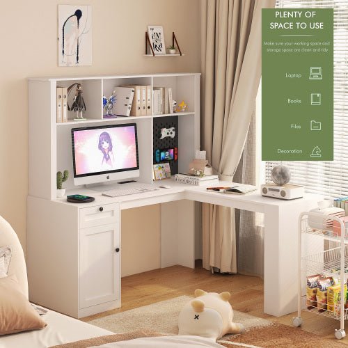 Bellemave® L - Shaped Computer Desk with Outlet, Drawers, Bookshelf, Hutch - Bellemave