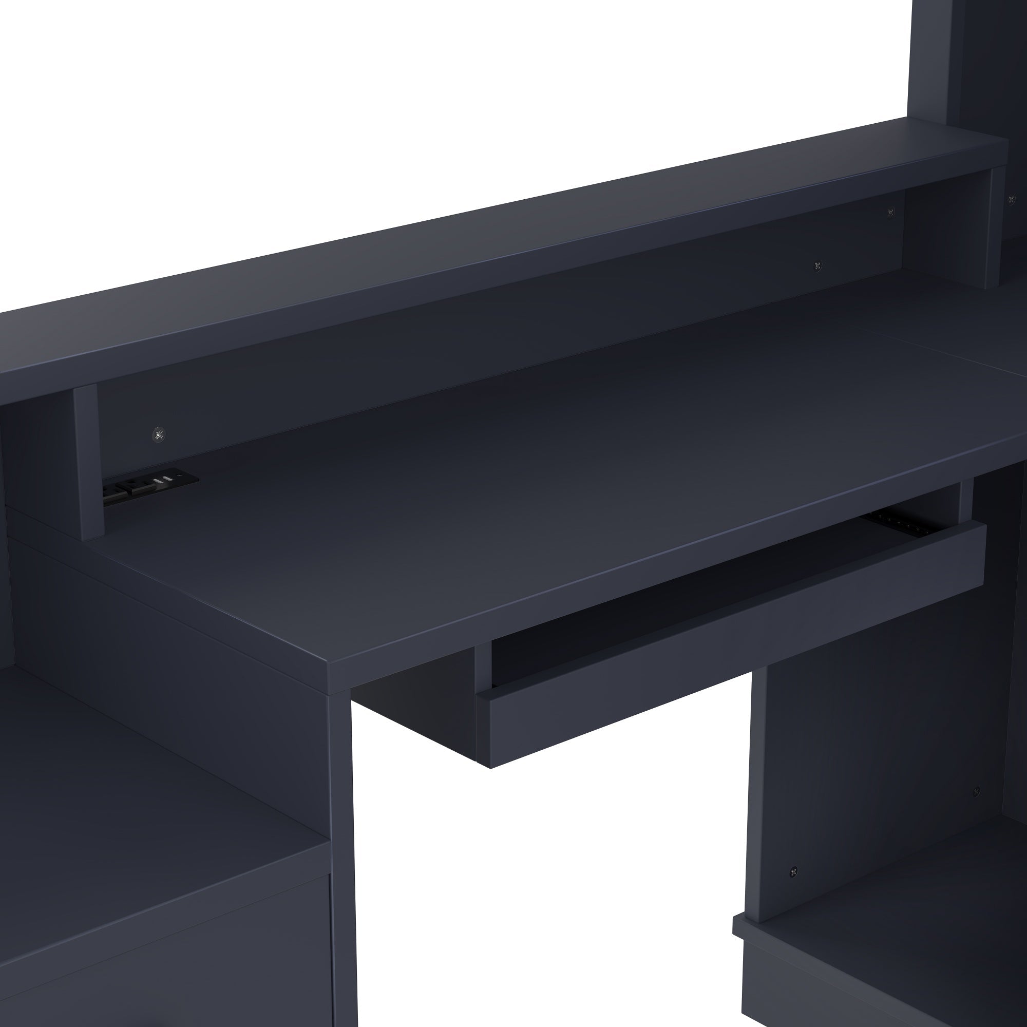 Bellemave® L - Shaped Computer Desk with Power Outlet & Storage - Modern Corner Gaming Desk with Bookshelf and Drawers, Study Writing Workstation for Home Office, Blue - Bellemave