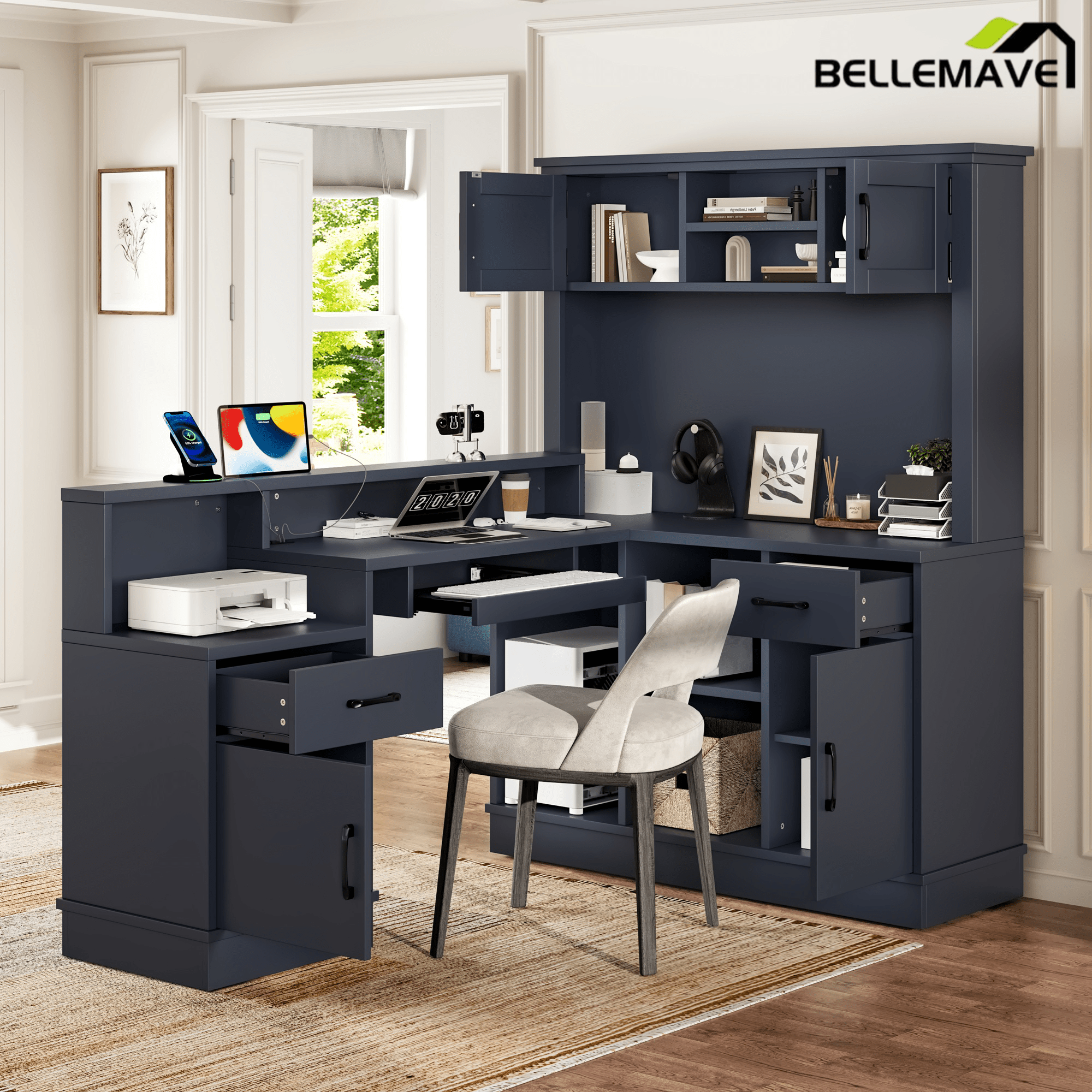Bellemave® L - Shaped Computer Desk with Power Outlet & Storage - Modern Corner Gaming Desk with Bookshelf and Drawers, Study Writing Workstation for Home Office, Blue - Bellemave