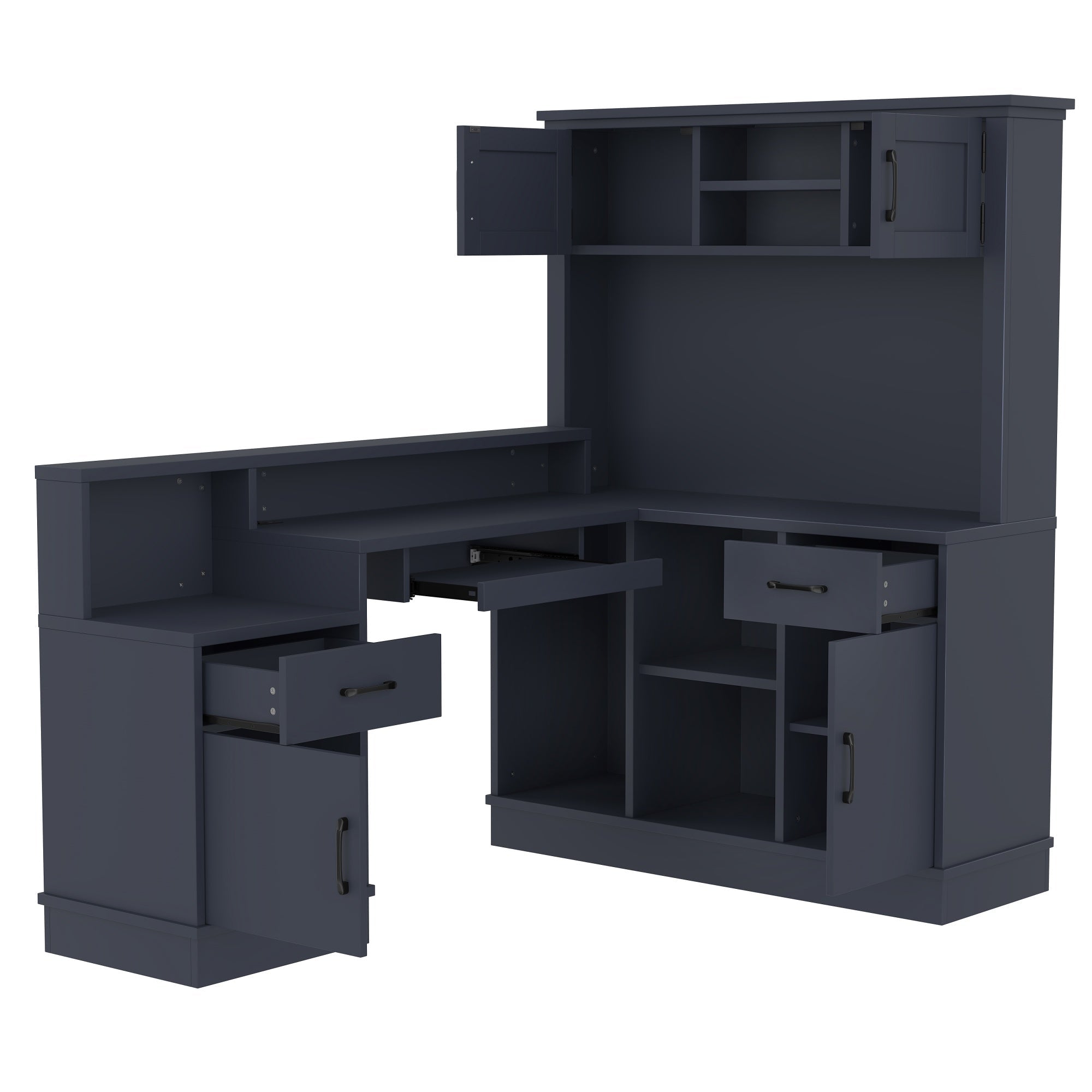 Bellemave® L - Shaped Computer Desk with Power Outlet & Storage - Modern Corner Gaming Desk with Bookshelf and Drawers, Study Writing Workstation for Home Office, Blue - Bellemave