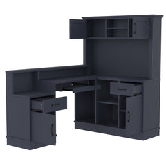 Bellemave® L - Shaped Computer Desk with Power Outlet & Storage - Modern Corner Gaming Desk with Bookshelf and Drawers, Study Writing Workstation for Home Office, Blue - Bellemave