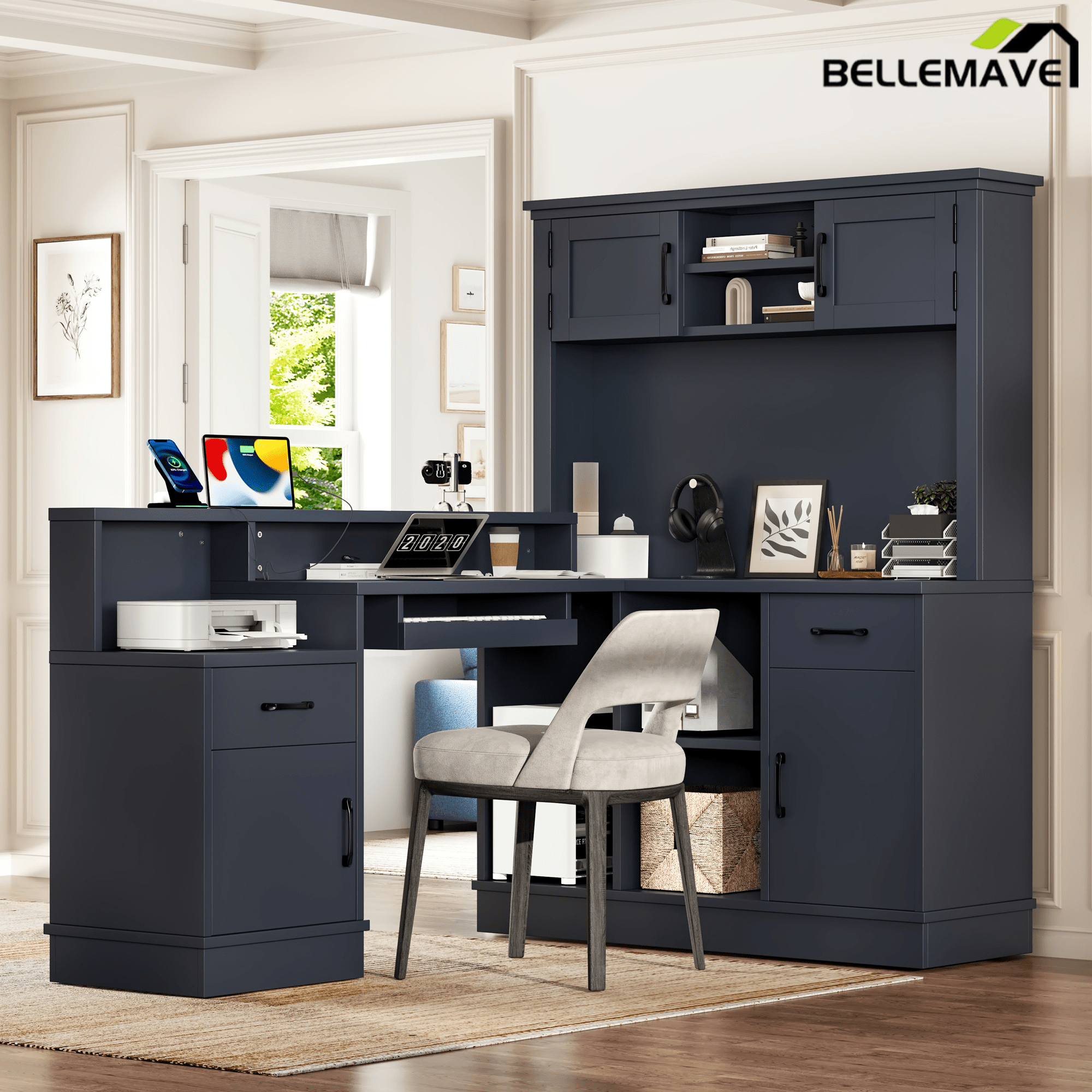 Bellemave® L - Shaped Computer Desk with Power Outlet & Storage - Modern Corner Gaming Desk with Bookshelf and Drawers, Study Writing Workstation for Home Office, Blue - Bellemave