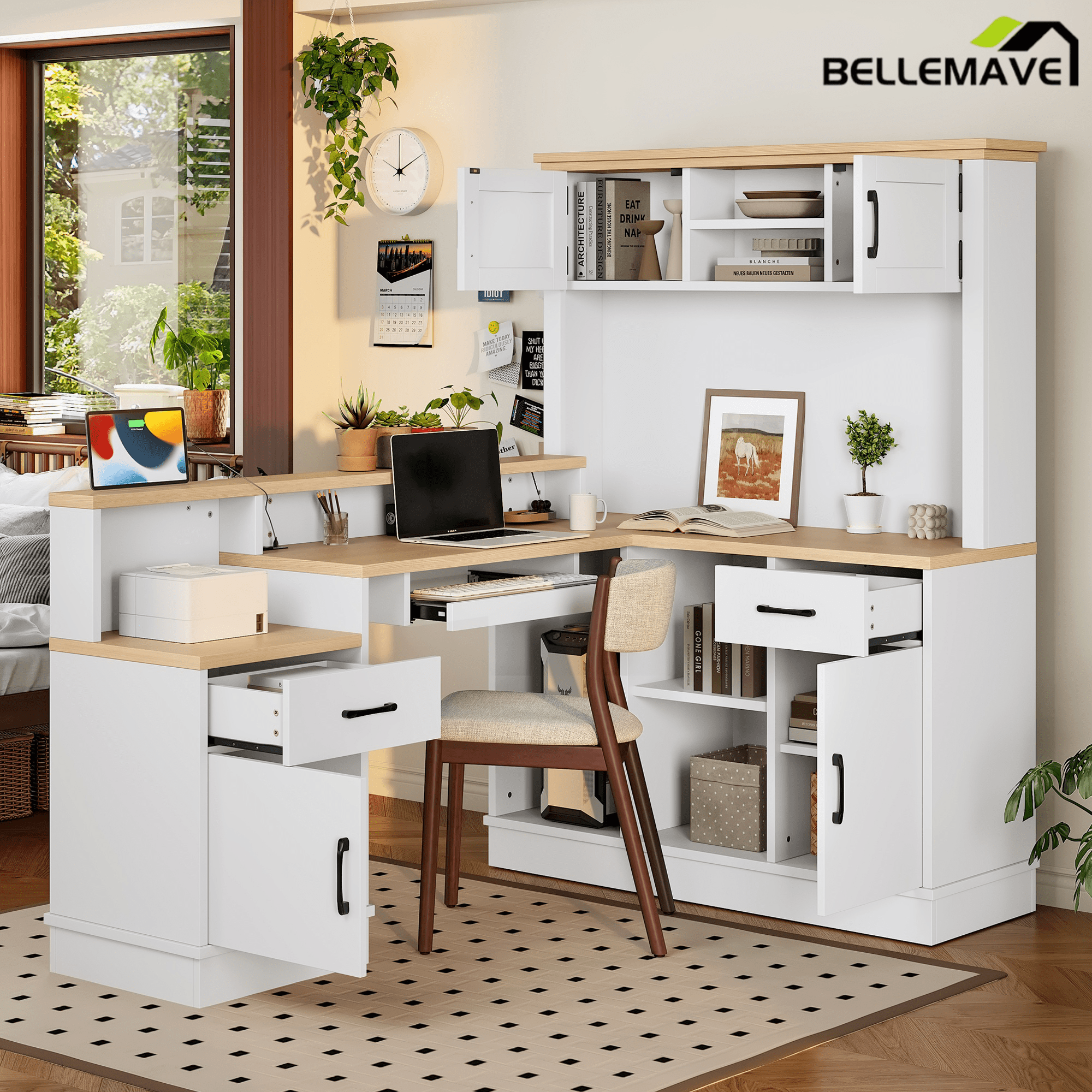 Bellemave® L - Shaped Computer Desk with Power Outlet & Storage - Modern Corner Gaming Desk with Bookshelf and Drawers, Study Writing Workstation for Home Office, Blue - Bellemave