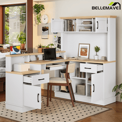 Bellemave® L - Shaped Computer Desk with Power Outlet & Storage - Modern Corner Gaming Desk with Bookshelf and Drawers, Study Writing Workstation for Home Office, Blue - Bellemave