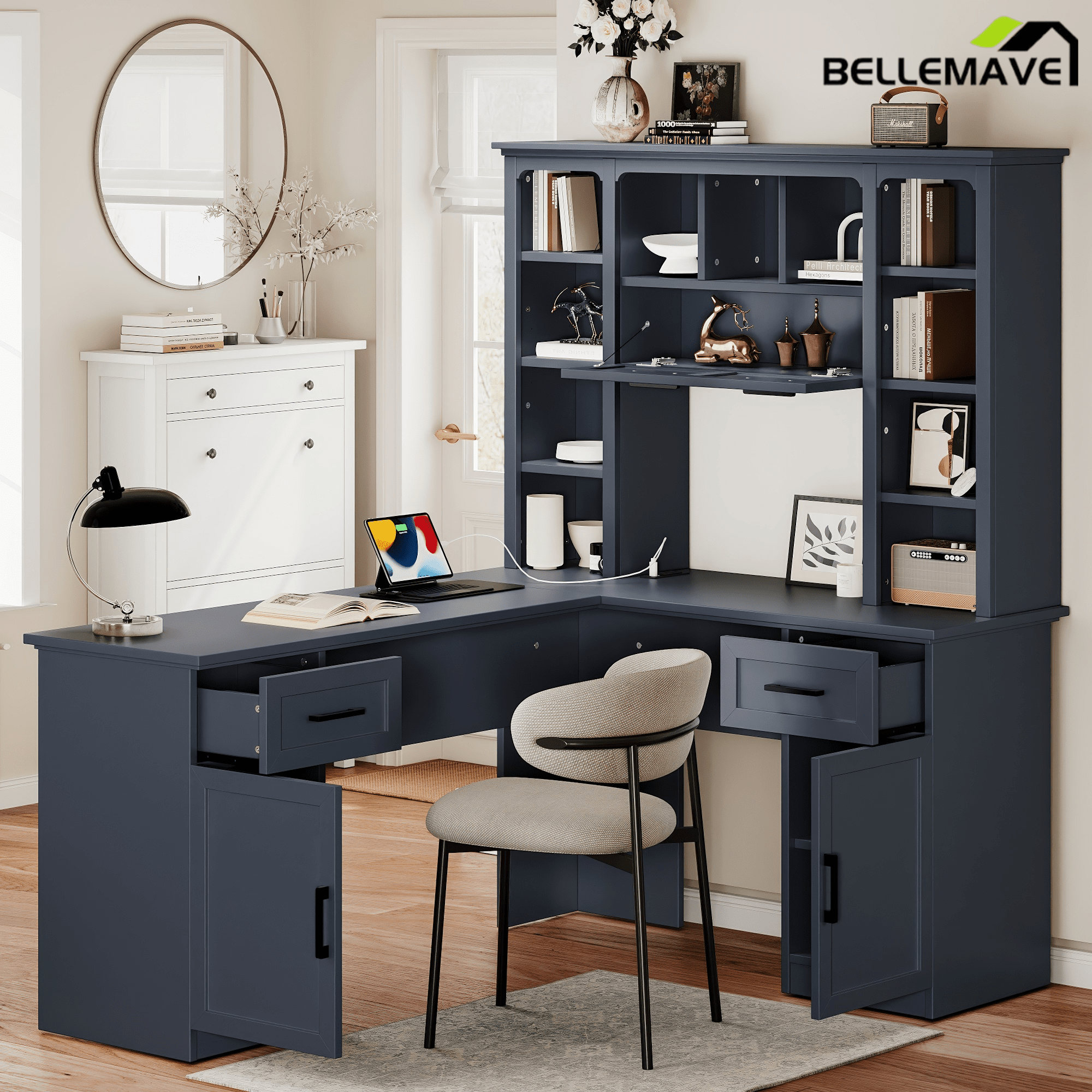 Bellemave® L - Shaped Computer Desk with Storage - 2 Cabinets & 2 Drawers & 12 Shelves, Black Corner Desk for Gaming, Home Office, Study and Living Room - Bellemave