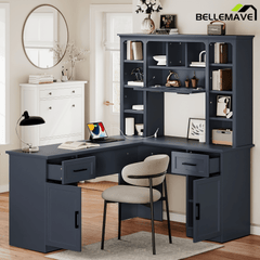 Bellemave® L - Shaped Computer Desk with Storage - 2 Cabinets & 2 Drawers & 12 Shelves, Black Corner Desk for Gaming, Home Office, Study and Living Room - Bellemave