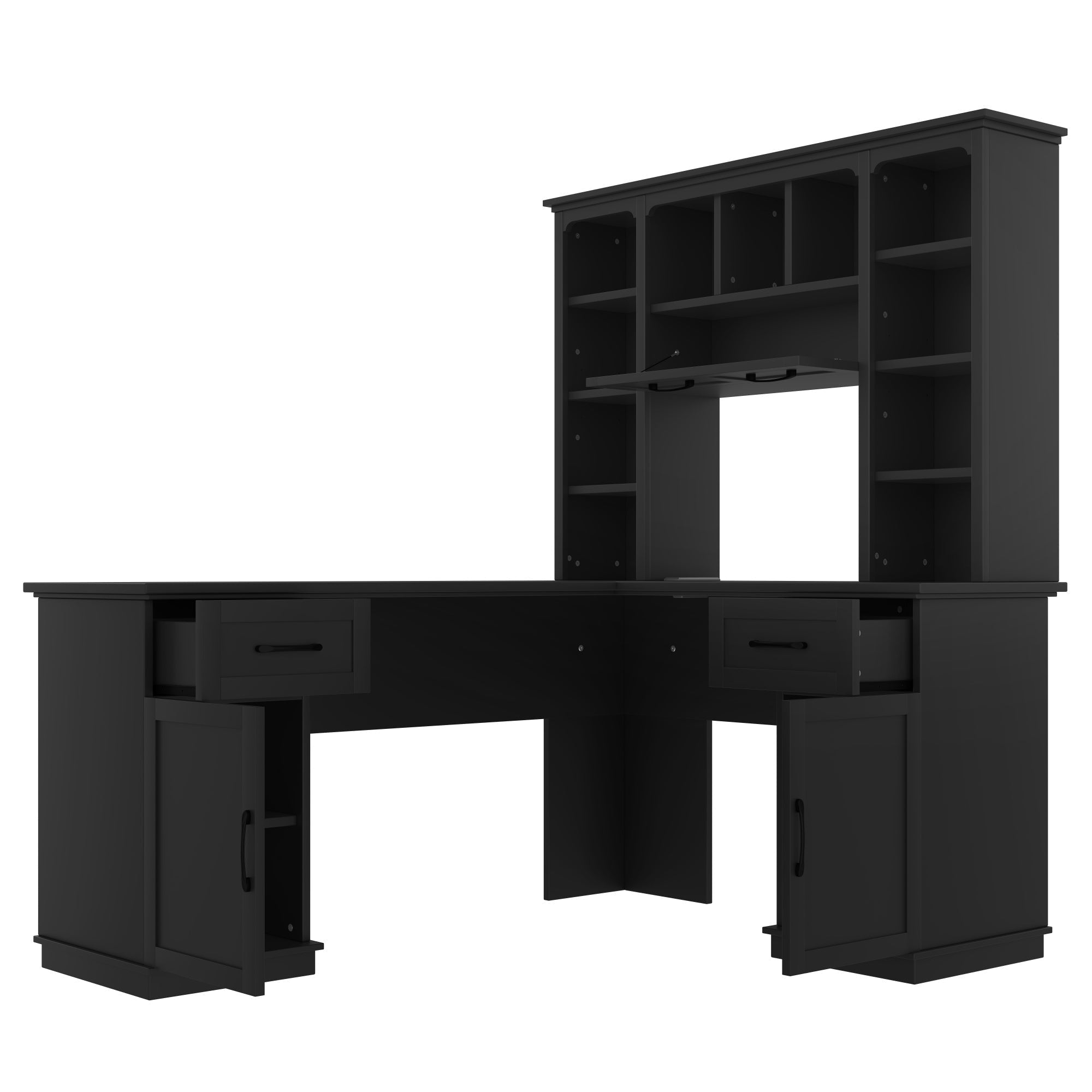 Bellemave® L - Shaped Computer Desk with Storage - 2 Cabinets & 2 Drawers & 12 Shelves, Black Corner Desk for Gaming, Home Office, Study and Living Room - Bellemave