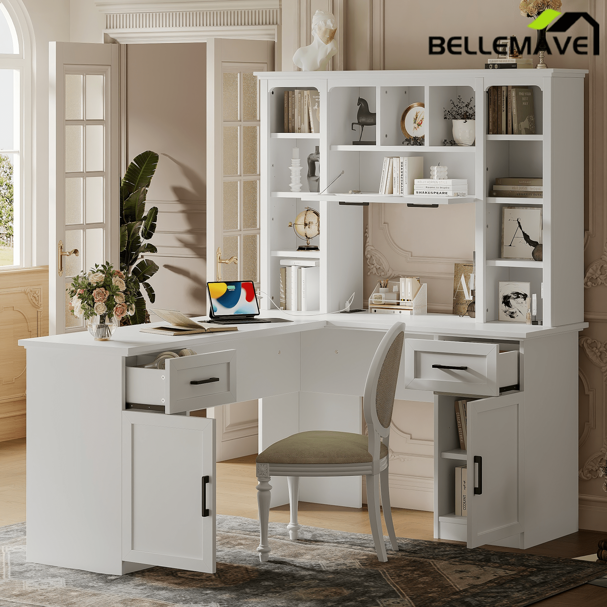 Bellemave® L - Shaped Computer Desk with Storage - 2 Cabinets & 2 Drawers & 12 Shelves, Black Corner Desk for Gaming, Home Office, Study and Living Room - Bellemave