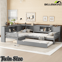 Bellemave® L Shaped Corner Bed for 2 Kids, Double Twin Platform Bed Frame with Trundle and Shelves, White - Bellemave