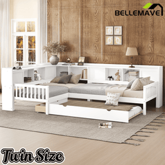 Bellemave® L Shaped Corner Bed for 2 Kids, Double Twin Platform Bed Frame with Trundle and Shelves, White - Bellemave
