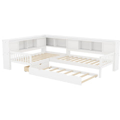 Bellemave® L Shaped Corner Bed for 2 Kids, Double Twin Platform Bed Frame with Trundle and Shelves, White - Bellemave