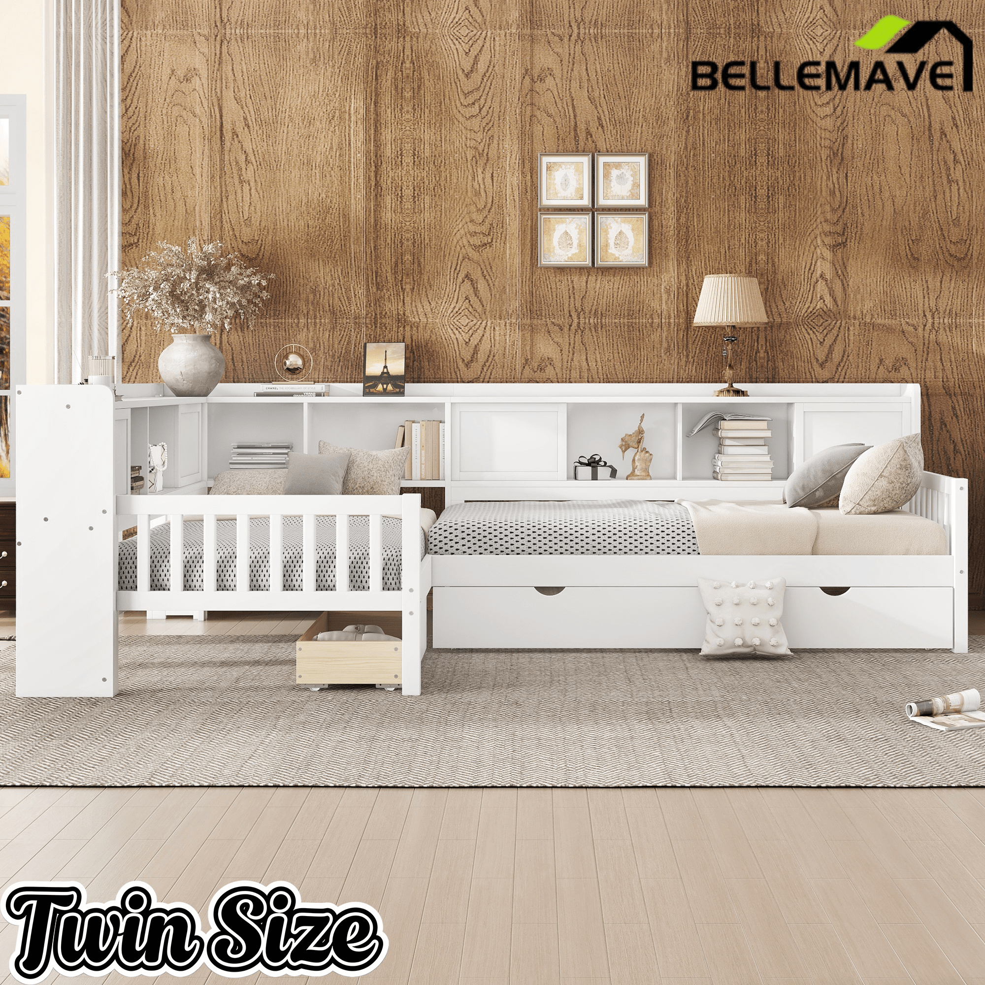 Bellemave® L Shaped Corner Bed for 2 Kids, Double Twin Platform Bed Frame with Trundle and Shelves, White - Bellemave