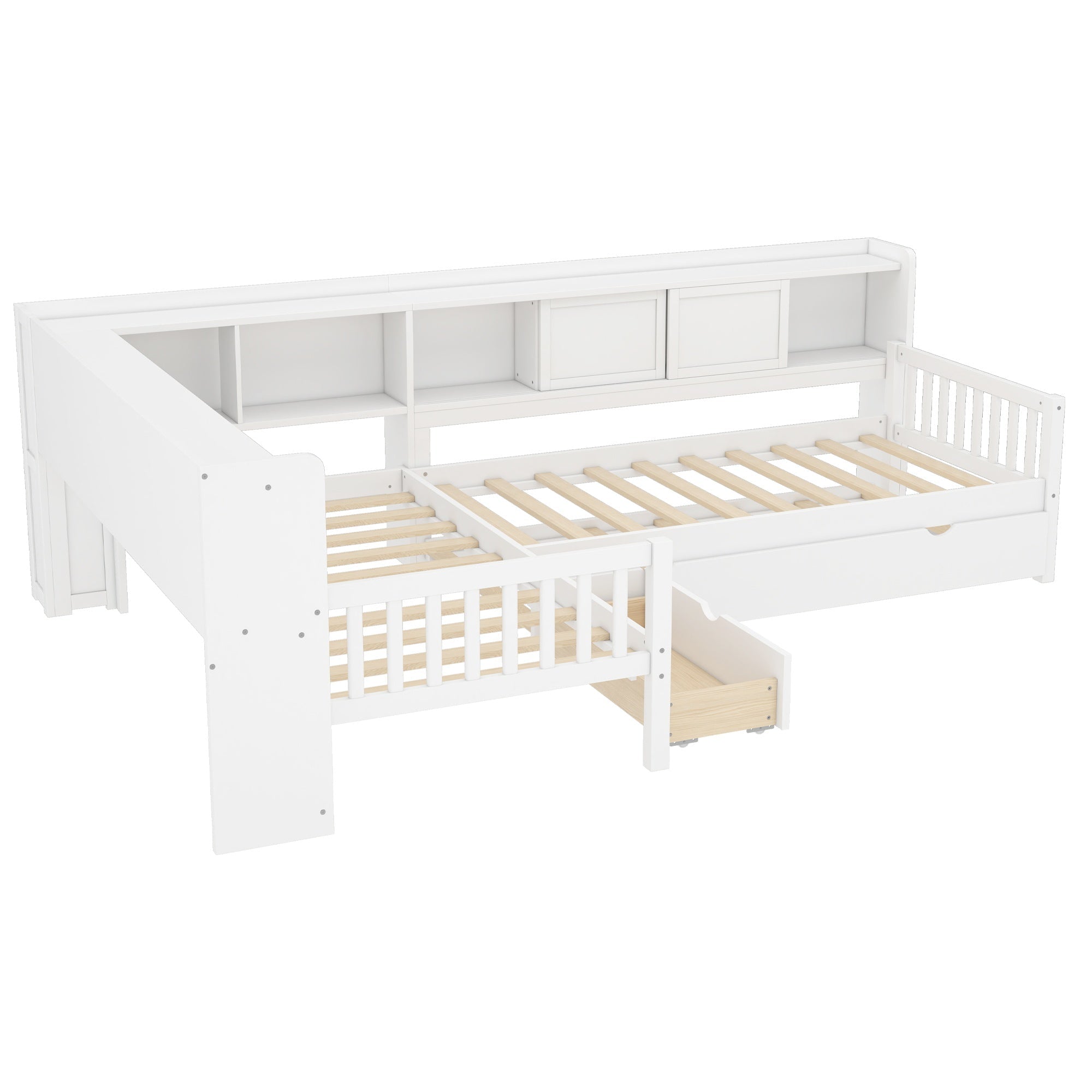 Bellemave® L Shaped Corner Bed for 2 Kids, Double Twin Platform Bed Frame with Trundle and Shelves, White - Bellemave