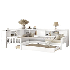 Bellemave® L Shaped Corner Bed for 2 Kids, Double Twin Platform Bed Frame with Trundle and Shelves, White - Bellemave
