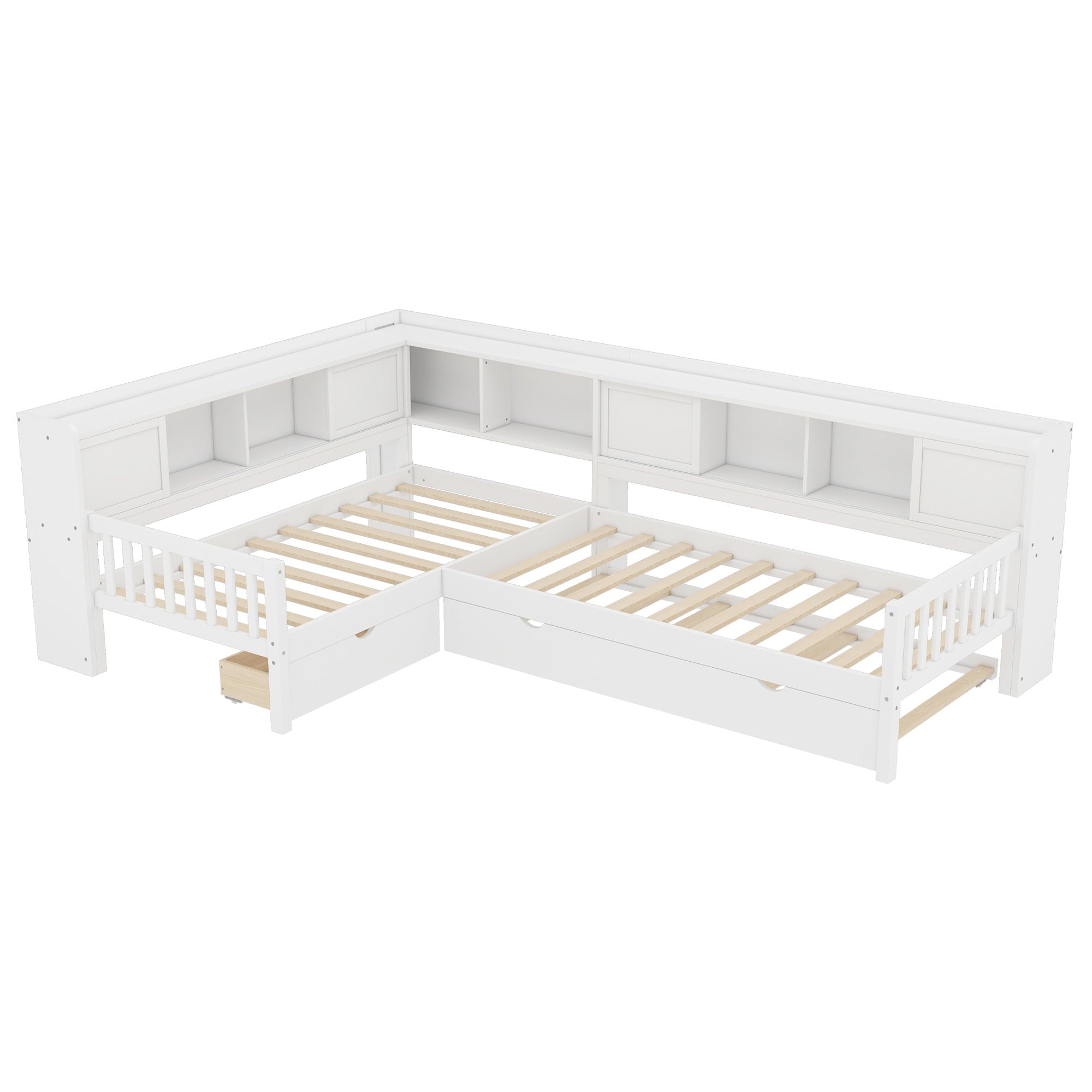 Bellemave® L Shaped Corner Bed for 2 Kids, Double Twin Platform Bed Frame with Trundle and Shelves, White - Bellemave