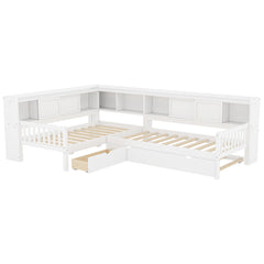 Bellemave® L Shaped Corner Bed for 2 Kids, Double Twin Platform Bed Frame with Trundle and Shelves, White - Bellemave