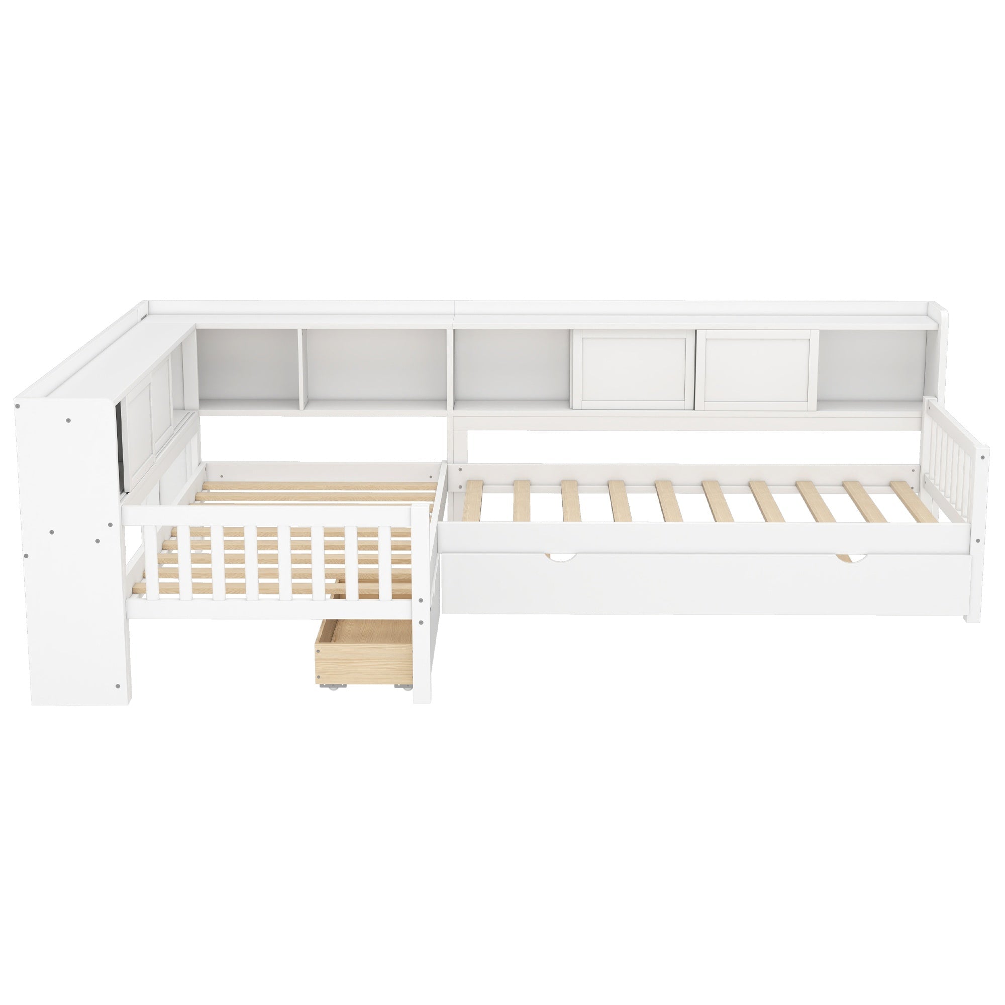 Bellemave® L Shaped Corner Bed for 2 Kids, Double Twin Platform Bed Frame with Trundle and Shelves, White - Bellemave