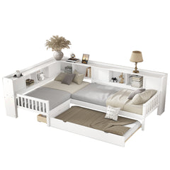 Bellemave® L Shaped Corner Bed for 2 Kids, Double Twin Platform Bed Frame with Trundle and Shelves, White - Bellemave