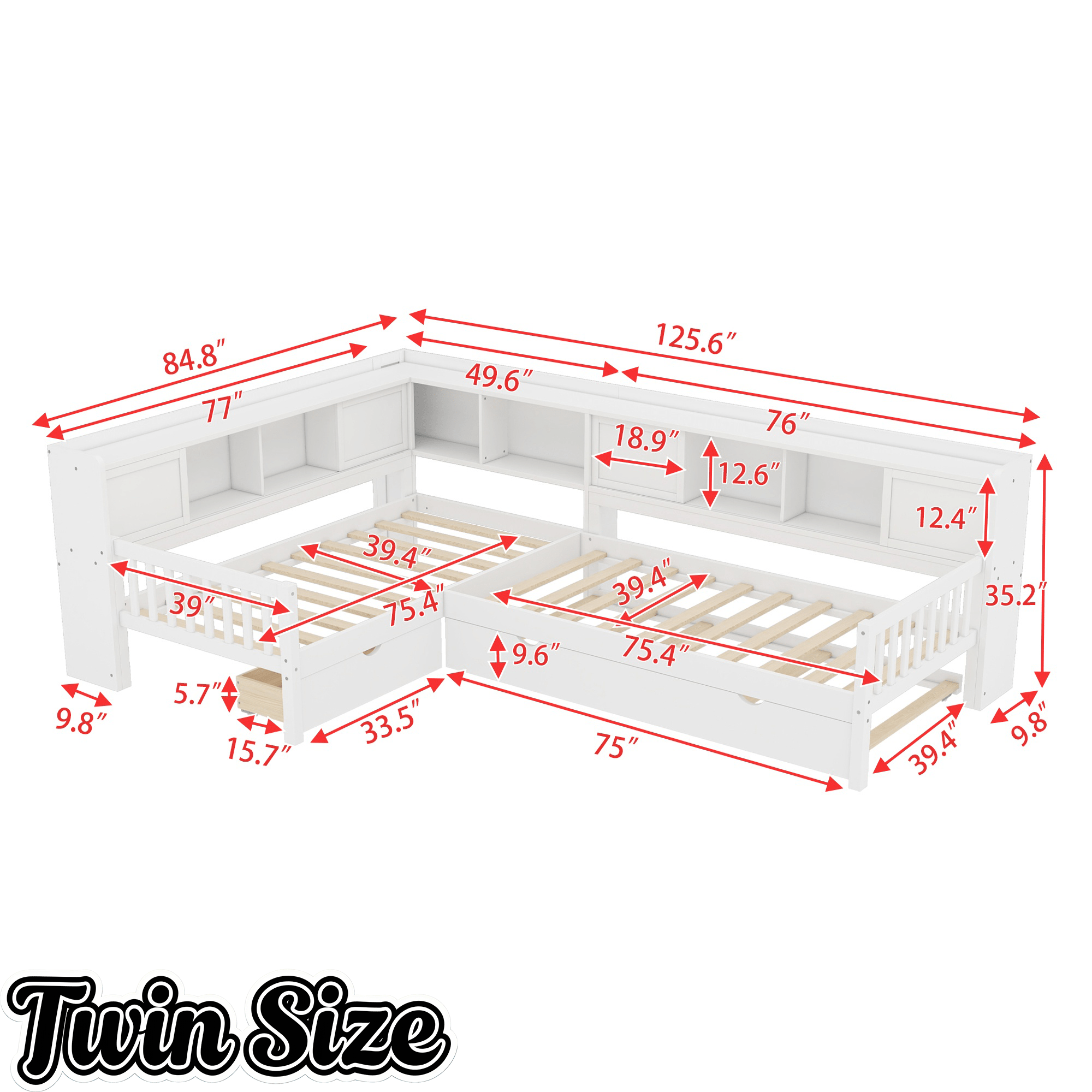 Bellemave® L Shaped Corner Bed for 2 Kids, Double Twin Platform Bed Frame with Trundle and Shelves, White - Bellemave