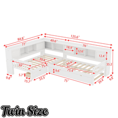 Bellemave® L Shaped Corner Bed for 2 Kids, Double Twin Platform Bed Frame with Trundle and Shelves, White - Bellemave